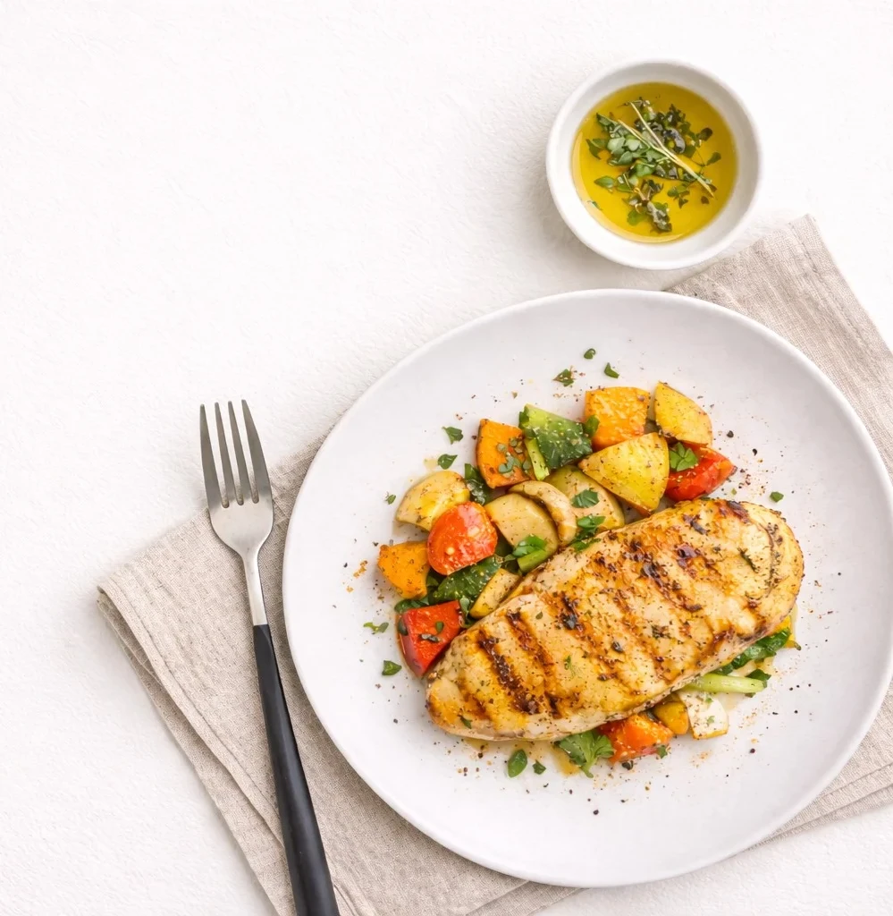 Vianda casera sin gluten de pollo con vegetales frescos lista para delivery